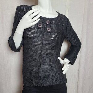 BELAMIE Black Lagenlook Crew Neck Sweater Decorative Wood Buttons Boho Women's L